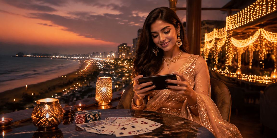 Indian player enjoying Rummy on mobile device at Chennai Marina Beach